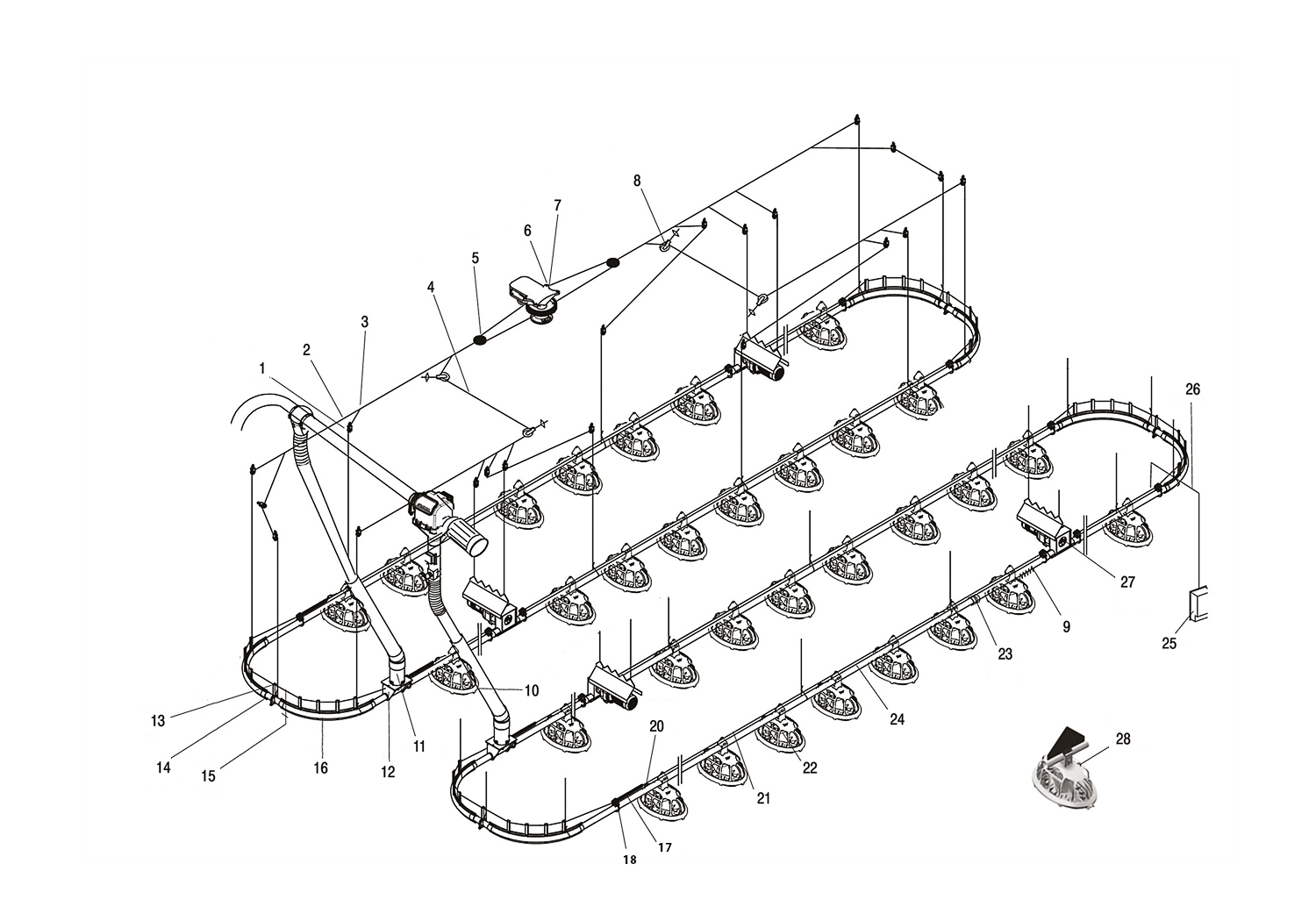 Система кормления  кур-несушек промышленного стада с овальной чашей «ЛайКа», контур 